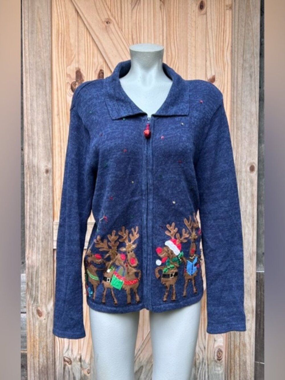 Vintage Tiara International Blue Reindeer Holiday Christmas Cardigan Sweater~L~